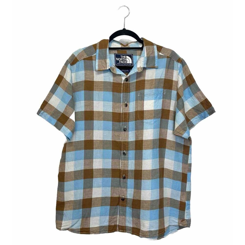 The North Face Mens Large Blue‎ Plaid Linen Cotton Short Sleeve Button Up Shirt